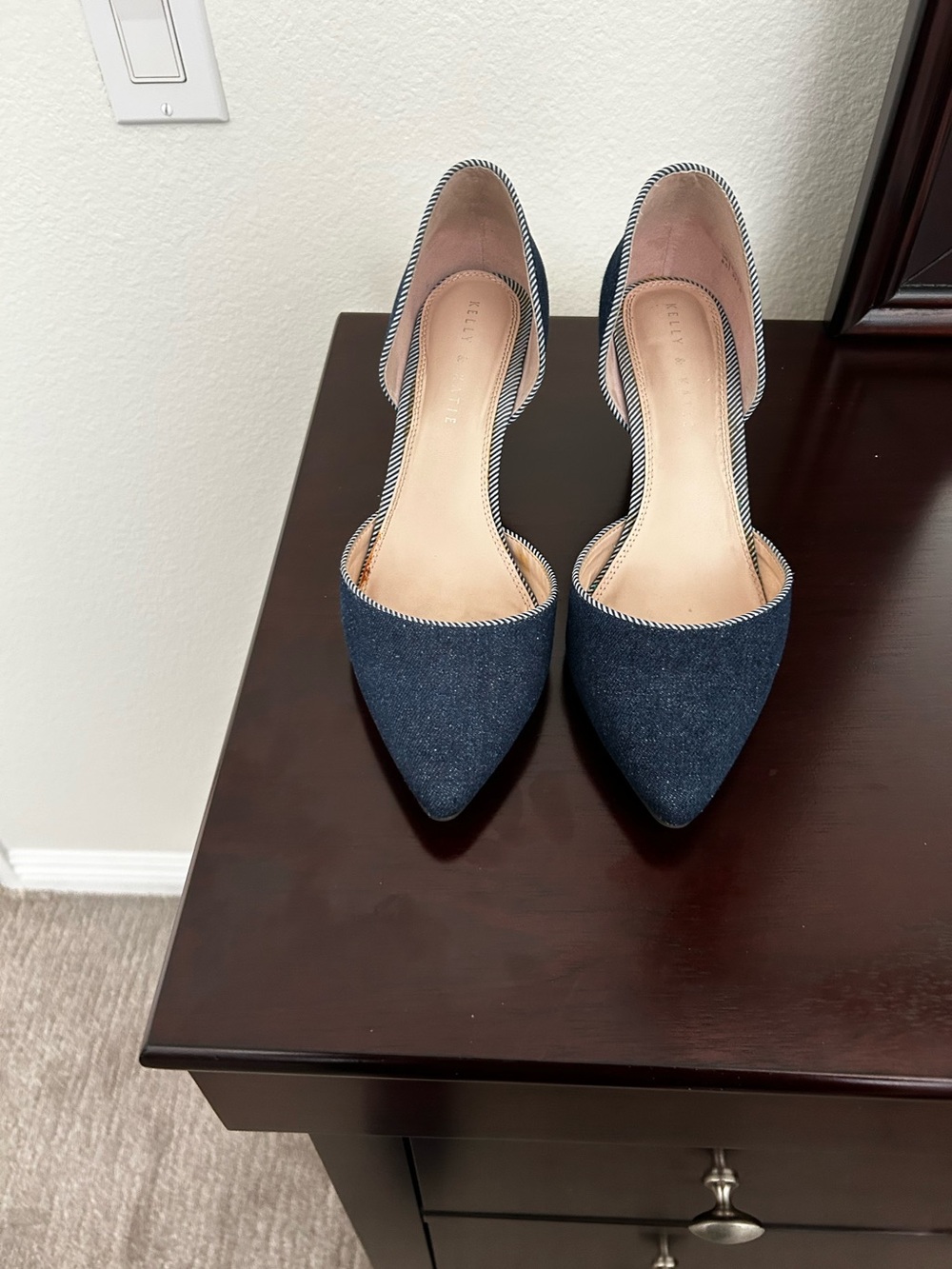 Stella McCartney Navy Denim Pointed D'Orsay Heels with Striped Trim